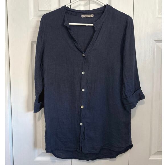 Lungo L’Arno Navy Blue 100% Linen Made in Italy Button Front Top Medium - Picture 1 of 7